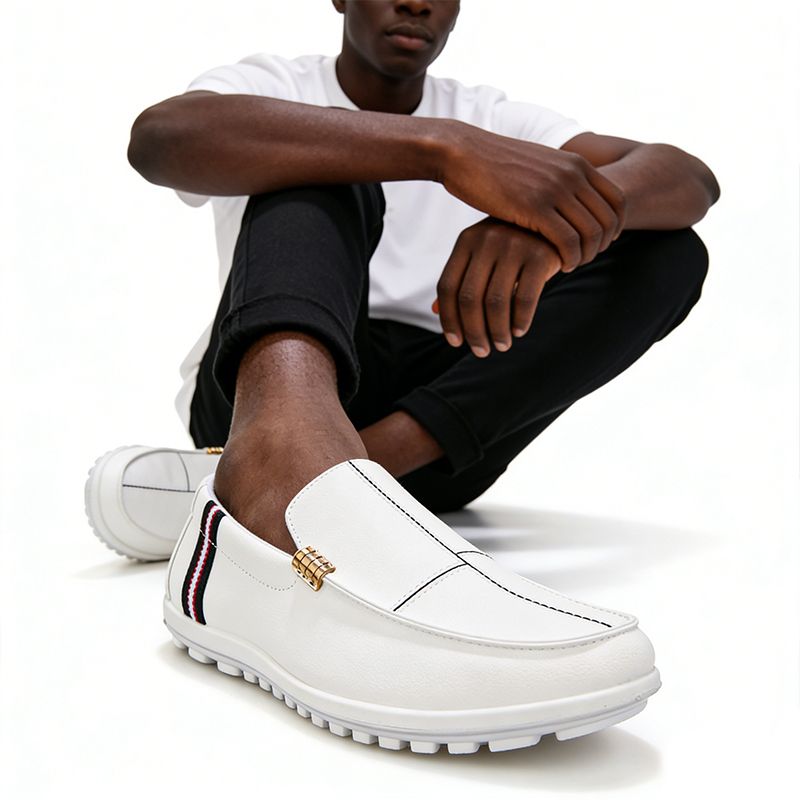 SXCHEN Men's Fashion Loafer Shoes-White With Contrast Striped Trim,Lightweight Construction, Anti-Skid Traction Sole,Perfect For Business Casual & Daily Commute