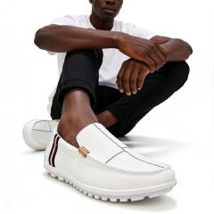 SXCHEN Men Shoes Formal Loafer Business Casual Slip-on Flat Sneakers White With Contrast Striped Trim,Lightweight Construction, Anti-Skid Traction Sole,Perfect For Business Casual & Daily Commute