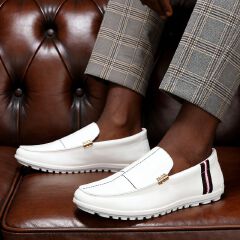SXCHEN Men Shoes Formal Loafer Business Casual Slip-on Flat Sneakers White With Contrast Striped Trim,Lightweight Construction, Anti-Skid Traction Sole,Perfect For Business Casual & Daily Commute