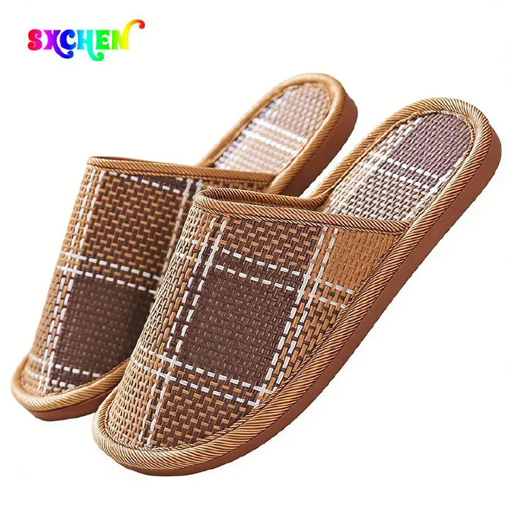 SXCHEN New Style Home Bamboo Rattan Sandals For Women Couples Non-Slip Indoor Floor Breathable Leisure