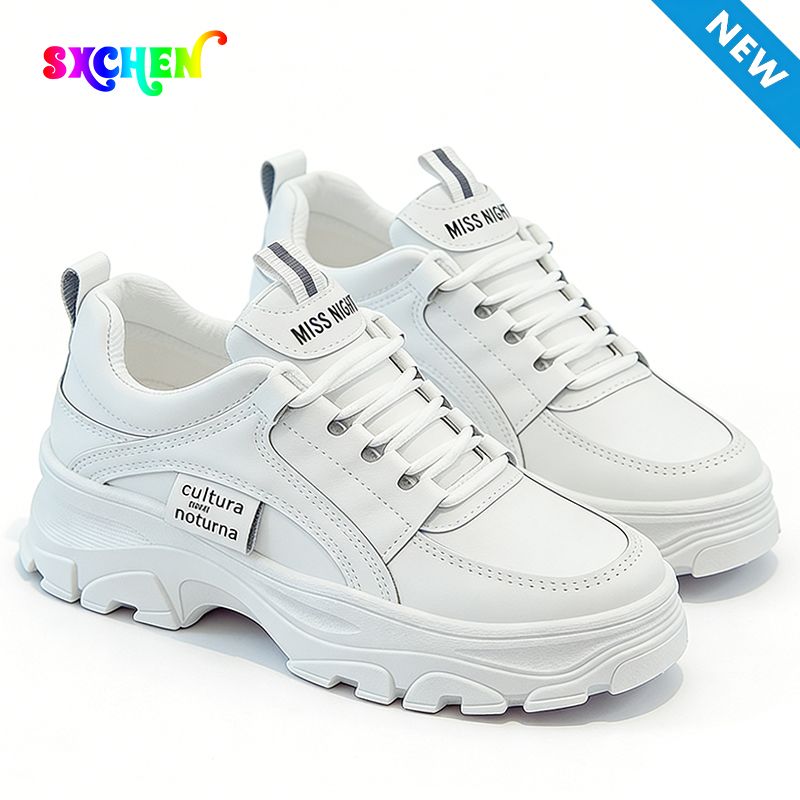 SXCHEN Women's Comfort Platform Shoes – White Faux Leather, Cushioned Insole, Lightweight Construction, Perfect For Travel & Elevating Casual Attire, All Sizes Available