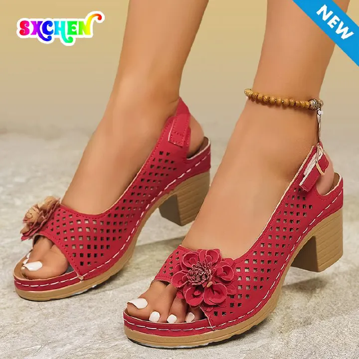 Fashion Flowers High Heels Shoes Sandals Women Back Strap Hollow Out Summer Sandles Woman Plus Size Thick Heeled Sandalias Mujer Open-Toe Ankle Strap Platform High Heels
