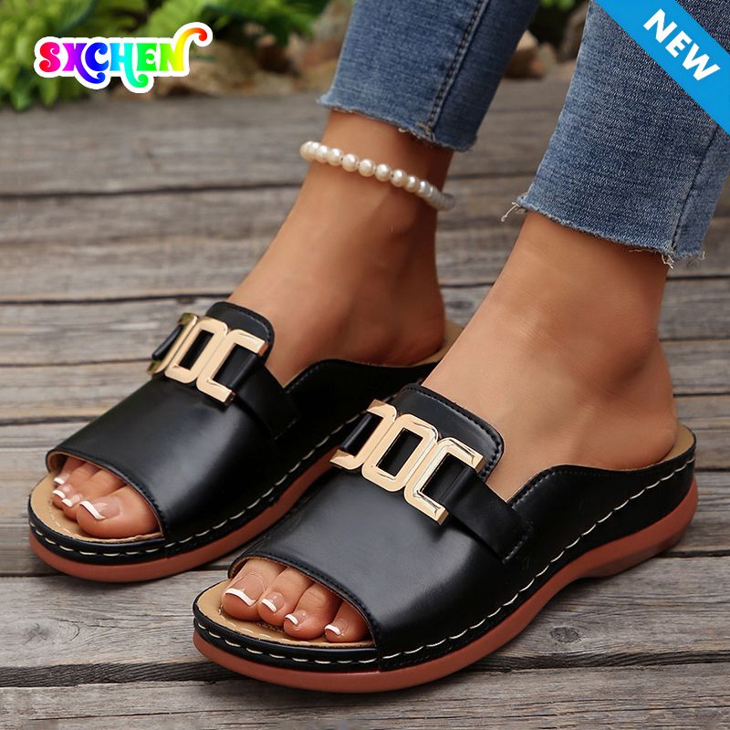 SXCHEN Women's Trendy Platform Sandal Shoes – Black With Durable Stitching, Lightweight Construction, Suitable For Outdoor Strolls & Relaxed Outfits, All Sizes Available