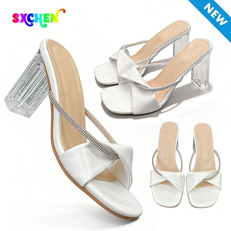 SXCHEN Women's Elegant Sandal Shoes – White With Sparkling Rhinestone Accents,Non-Slip Sole,Durable Stitching, Suitable For Cocktail Parties & Formal Events