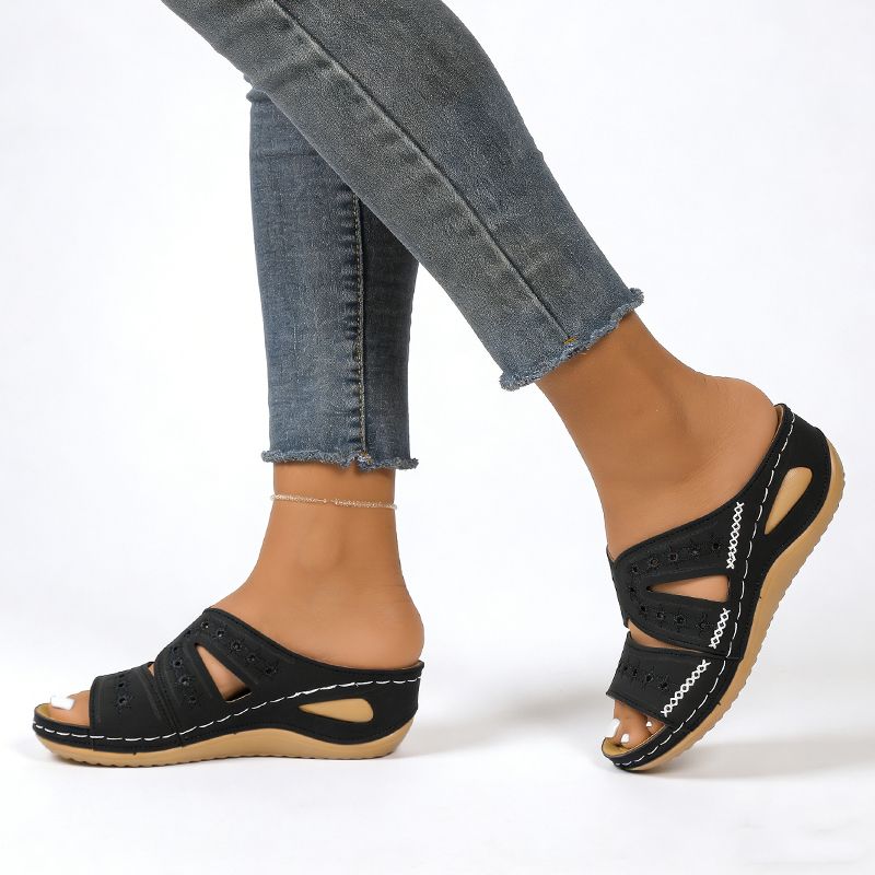 SXCHEN Women's Comfort Wedge Shoes – Black With Decorative Stitching, Breathable Insole, Non-Slip Traction Sole, Ideal For Shopping, Daily Commute & All-Day Comfort, All Sizes Available