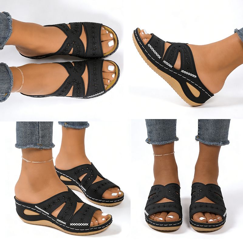 SXCHEN Women's Comfort Wedge Shoes – Black With Decorative Stitching, Breathable Insole, Non-Slip Traction Sole, Ideal For Shopping, Daily Commute & All-Day Comfort, All Sizes Available