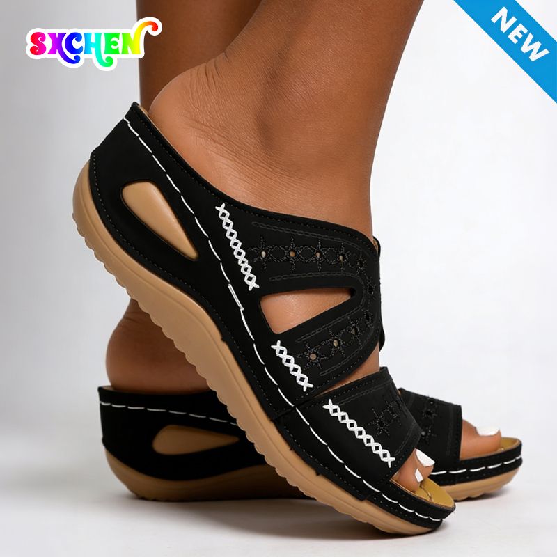 SXCHEN Women's Comfort Wedge Shoes – Black With Decorative Stitching, Breathable Insole, Non-Slip Traction Sole, Ideal For Shopping, Daily Commute & All-Day Comfort, All Sizes Available