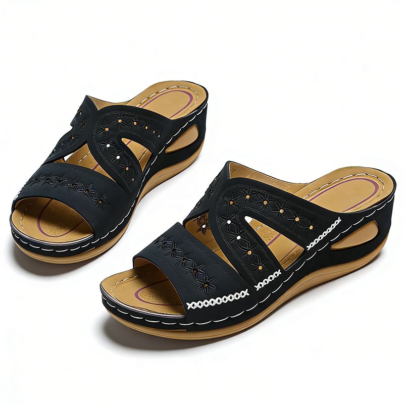 SXCHEN Women's Comfort Wedge Shoes – Black With Decorative Stitching, Breathable Insole, Non-Slip Traction Sole, Ideal For Shopping, Daily Commute & All-Day Comfort, All Sizes Available