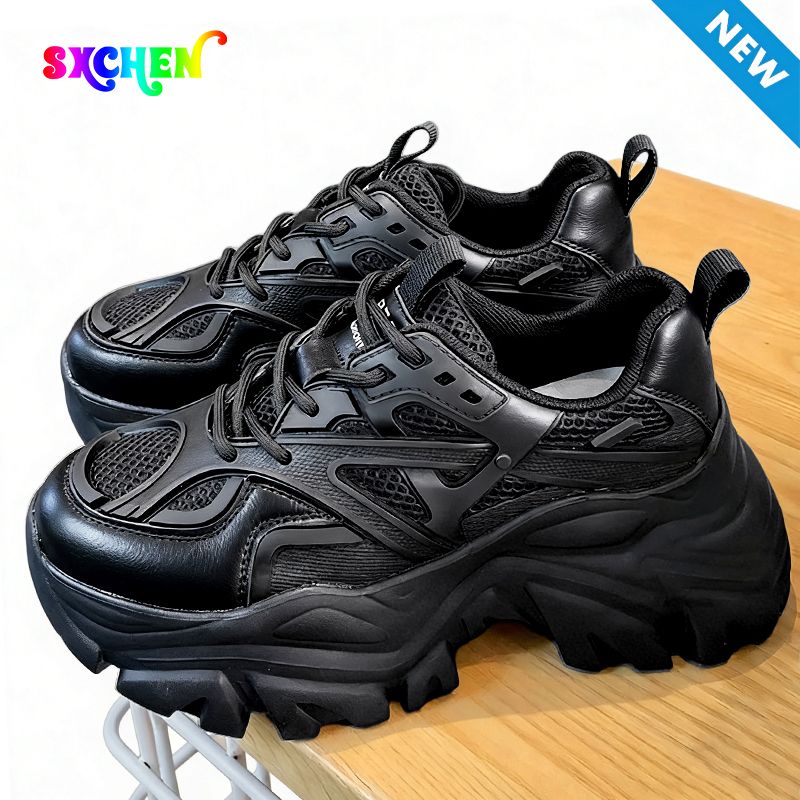 Chunky Sneakers Women's Synthetic Leather Mesh Patchwork Round Toe Lace-Up Thick Sole Ladies Sports Shoes Women New Fashion Platform Sport Shoes Summer Black Casual Chunky Sneakers Mesh Platform Shoes