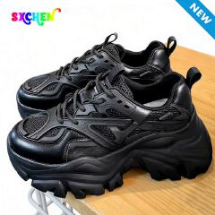 SXCHEN Women's Platform Sneaker Shoes – All-Black Rugged Design, Breathable Lining, Pull Tab for Easy On/Off, Ideal For Street Fashion & Everyday Wear, All Sizes Available
