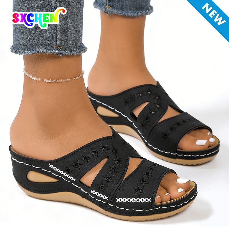 SXCHEN Women's Comfort Wedge Shoes – Black With Decorative Stitching, Breathable Insole, Non-Slip Traction Sole, Ideal For Shopping, Daily Commute & All-Day Comfort, All Sizes Available