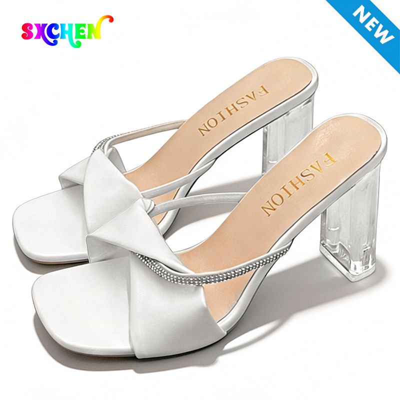 SXCHEN Women's Elegant Sandal Shoes – White With Sparkling Rhinestone Accents,Non-Slip Sole,Durable Stitching, Suitable For Cocktail Parties & Formal Events