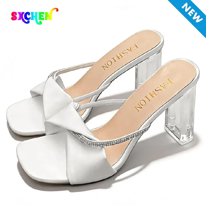 SXCHEN Women's Elegant Sandal Shoes – White With Sparkling Rhinestone Accents,Non-Slip Sole,Durable Stitching, Suitable For Cocktail Parties & Formal Events