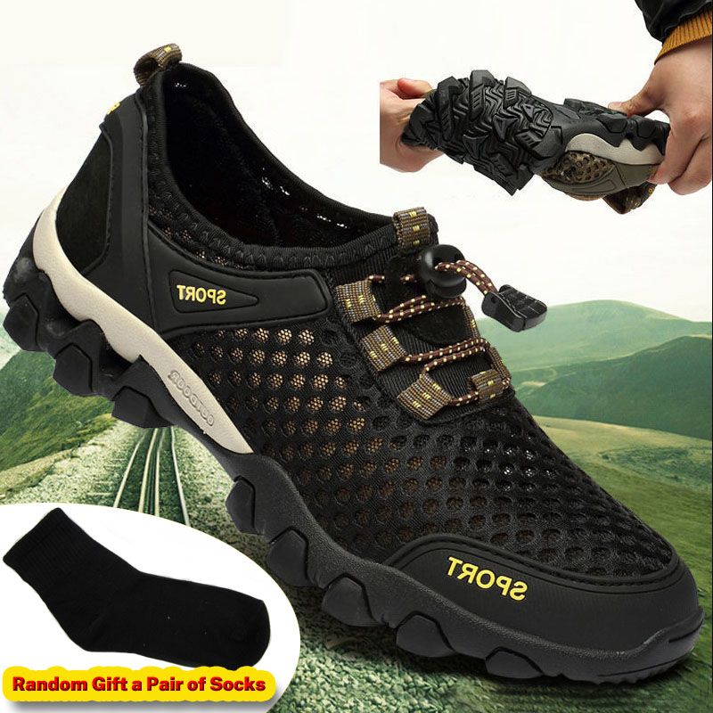SXCHEN Men's Breathable Hiking Shoes – Black Mesh Upper,Quick-Dry Lining,  Quick-Lock Drawstring Closure, Non-Slip Rugged Sole, Perfect For Outdoor Trekking & Trail Walking