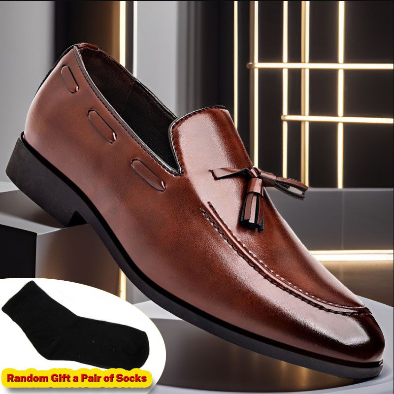 SXCHEN Men's Classic Dress Shoes – Brown Smooth Leather Upper, Padded Insole, Lightweight Construction, Easy Slip-On Fit,Non-Slip Rubber Sole, Ideal For Office Wear & Wedding Occasions