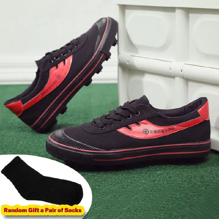 SXCHEN Men's Soccer Training Shoes –  Black Durable Canvas,  With Red Accents, Padded Collar, Flexible Traction Sole, Ideal For Street Fashion & Soccer Training
