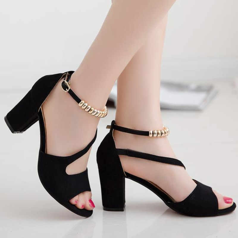 SXCHEN Women's Block Heel Sandal Shoes – Black Open-Toe Design, Chunky Heel For Stability,Adjustable Ankle Buckle, Shock-Absorbing Midsole, Perfect For Weddings & Evening Events