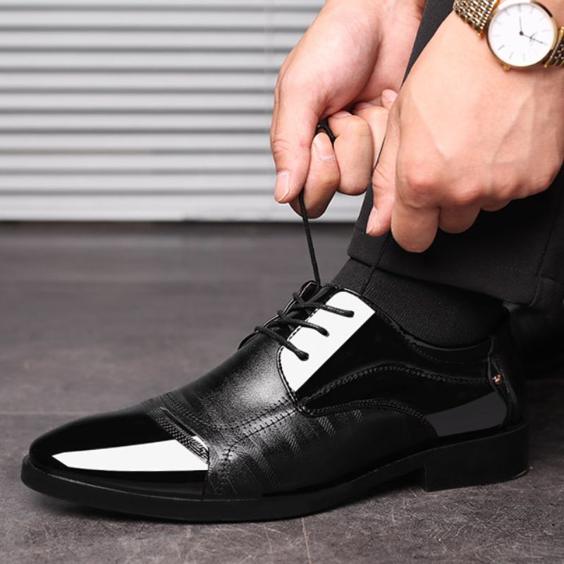 SXCHEN Men's Smart-Casual Dress Shoes – Black Glossy Patent Leather, Padded Insole, Non-Slip Rubber Sole, Secure Lace-Up Closure, Lightweight Construction,  Perfect For Business Meetings