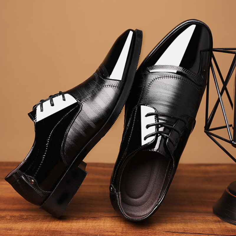SXCHEN Men's Smart-Casual Dress Shoes – Black Glossy Patent Leather, Padded Insole, Non-Slip Rubber Sole, Secure Lace-Up Closure, Lightweight Construction,  Perfect For Business Meetings