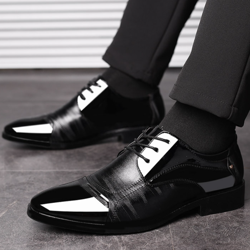 SXCHEN Men's Smart-Casual Dress Shoes – Black Glossy Patent Leather, Padded Insole, Non-Slip Rubber Sole, Secure Lace-Up Closure, Lightweight Construction,  Perfect For Business Meetings