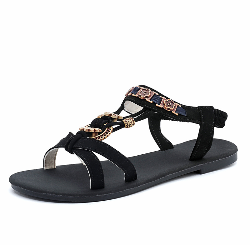 SXCHEN Women's Bohemian Sandal Shoes – Black Elastic Strap With Vintage Floral Metal Charms, Lightweight Flat Sole,Easy Slip-On Design, Perfect For Beach Vacations & Summer Outings