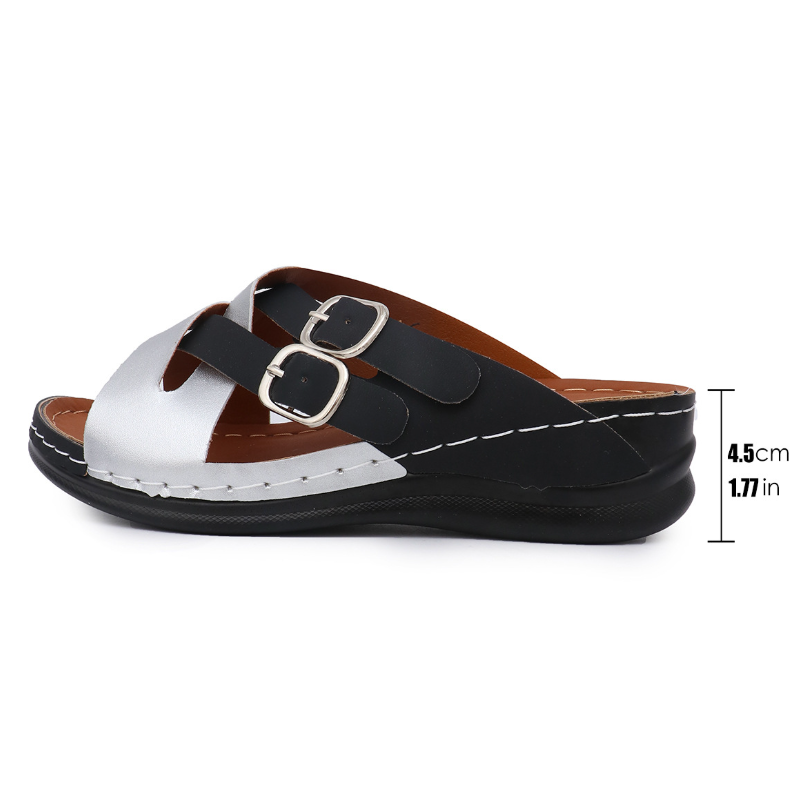 SXCHEN Women's Crisscross Slide Sandal Shoes –Black & Silver Faux Leather Straps, Double Buckle Adjustment, Non-Slip Sole,Easy Slip-On Style, Versatile Wear, Ideal For Casual Dresses & Everyday Outfit