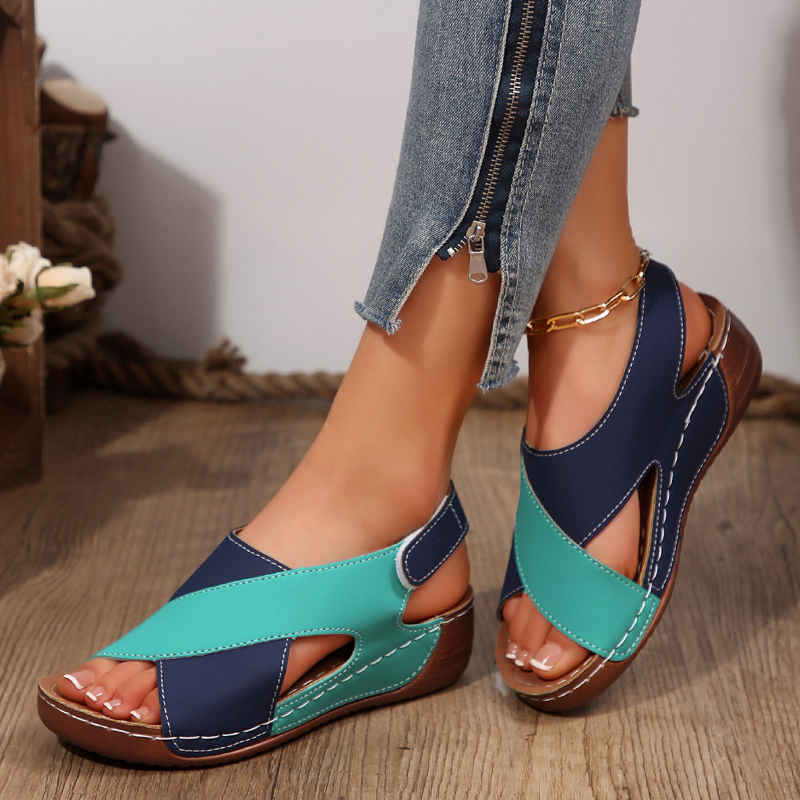 SXCHEN Women's Comfort Wedge Shoes –Green & Blue Color-Block Design, Padded Insole, Shock-Absorbing Wedge Midsole, Open-Toe Design,  Ideal For Casual Dresses & Everyday Outfits