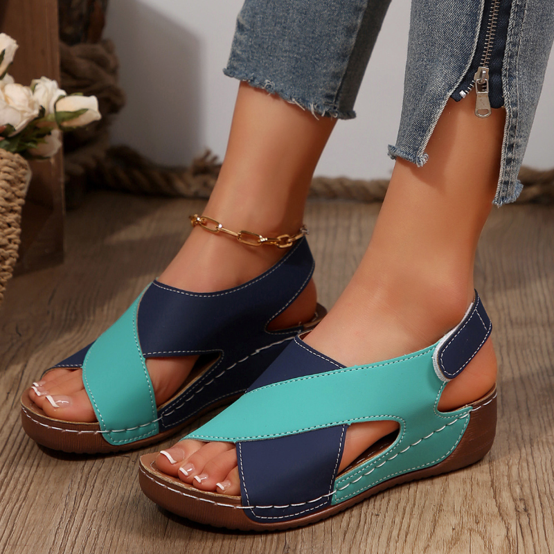 SXCHEN Women's Comfort Wedge Shoes –Green & Blue Color-Block Design, Padded Insole, Shock-Absorbing Wedge Midsole, Open-Toe Design,  Ideal For Casual Dresses & Everyday Outfits