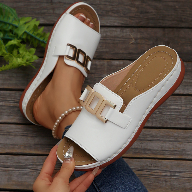 SXCHEN Women's Platform Slide Sandal Shoes – White Faux Leather With Gold Metal Buckle Accent, Brown Contrast Sole, Durable Stitching, Easy Slip-On Style, Suitable for Vacation & Casual Street Style