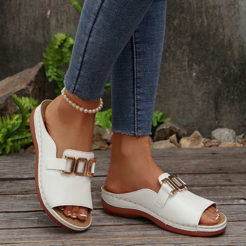 SXCHEN Women's Platform Slide Sandal Shoes – White Faux Leather With Gold Metal Buckle Accent, Brown Contrast Sole, Durable Stitching, Easy Slip-On Style, Suitable for Vacation & Casual Street Style