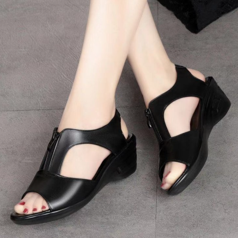 SXCHEN Women's Shoes Sandals Flats Sandals Black Breathable Leather Upper, Shock-Absorbing Wedge Midsole, Stable Heel Design, Perfect For Office Wear & Evening Events Ladies Shoes Sandals Heels Sandal