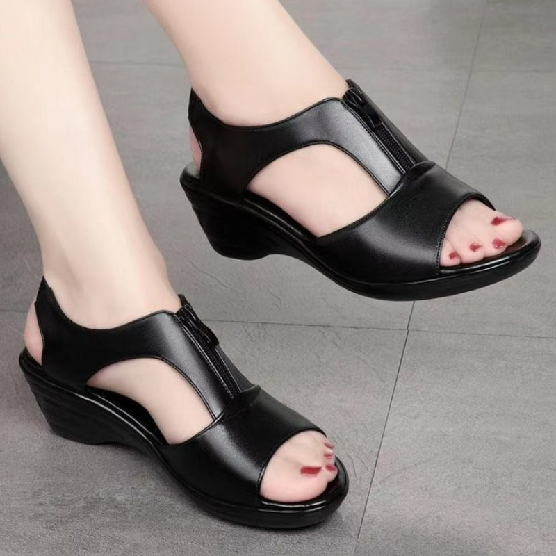 SXCHEN Women's Shoes Sandals Flats Sandals Black Breathable Leather Upper, Shock-Absorbing Wedge Midsole, Stable Heel Design, Perfect For Office Wear & Evening Events Ladies Shoes Sandals Heels Sandal