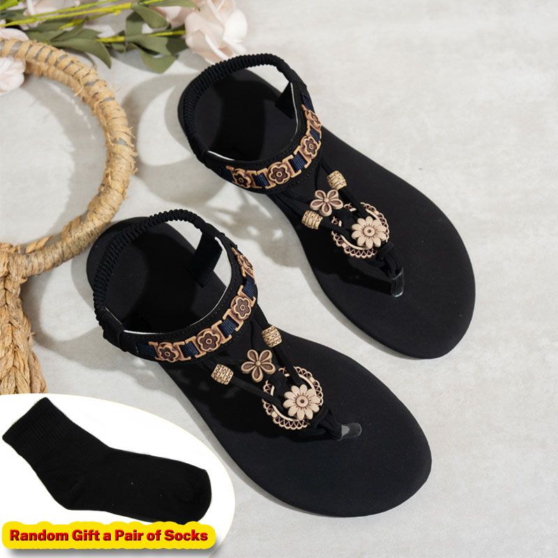 SXCHEN Women's Bohemian Sandal Shoes – Black Elastic Strap With Vintage Floral Metal Charms, Lightweight Flat Sole,Easy Slip-On Design, Perfect For Beach Vacations & Summer Outings