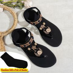 SXCHEN Women Shoes Sandals Flats Sandals– Black Elastic Strap With Vintage Floral Metal Charms, Lightweight Flat Sole,Easy Slip-On Design, Perfect For Beach Vacations & Summer Outings Ladies Shoes