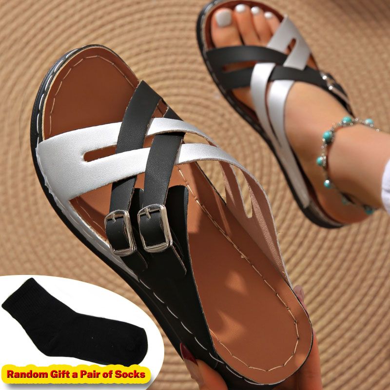 SXCHEN Women's Crisscross Slide Sandal Shoes –Black & Silver Faux Leather Straps, Double Buckle Adjustment, Non-Slip Sole,Easy Slip-On Style, Versatile Wear, Ideal For Casual Dresses & Everyday Outfit