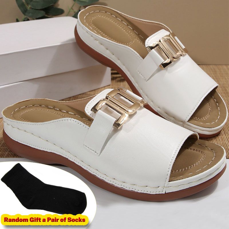 SXCHEN Women's Platform Slide Sandal Shoes – White Faux Leather With Gold Metal Buckle Accent, Brown Contrast Sole, Durable Stitching, Easy Slip-On Style, Suitable for Vacation & Casual Street Style