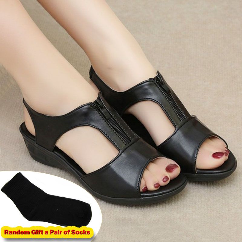 SXCHEN Women's Shoes Sandals Flats Sandals Black Breathable Leather Upper, Shock-Absorbing Wedge Midsole, Stable Heel Design, Perfect For Office Wear & Evening Events Ladies Shoes Sandals Heels Sandal