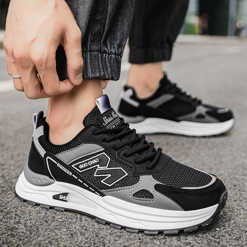 SXCHEN Men's Breathable Sneaker Shoes – Black Mesh Upper, Durable Stitching,  Non-Slip Traction Sole, Suitable For Light Sports & Trendy Street Style, All Sizes Available