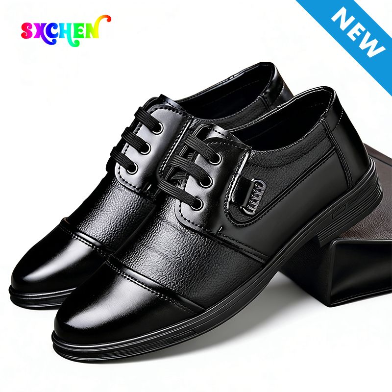 SXCHEN Men's Formal Lace-Up Shoes – Black With Textured Leather Upper, Cushioned Insole, Durable Stitching, Non-Slip Sole, Weddings & Special Occasions, All Sizes Available