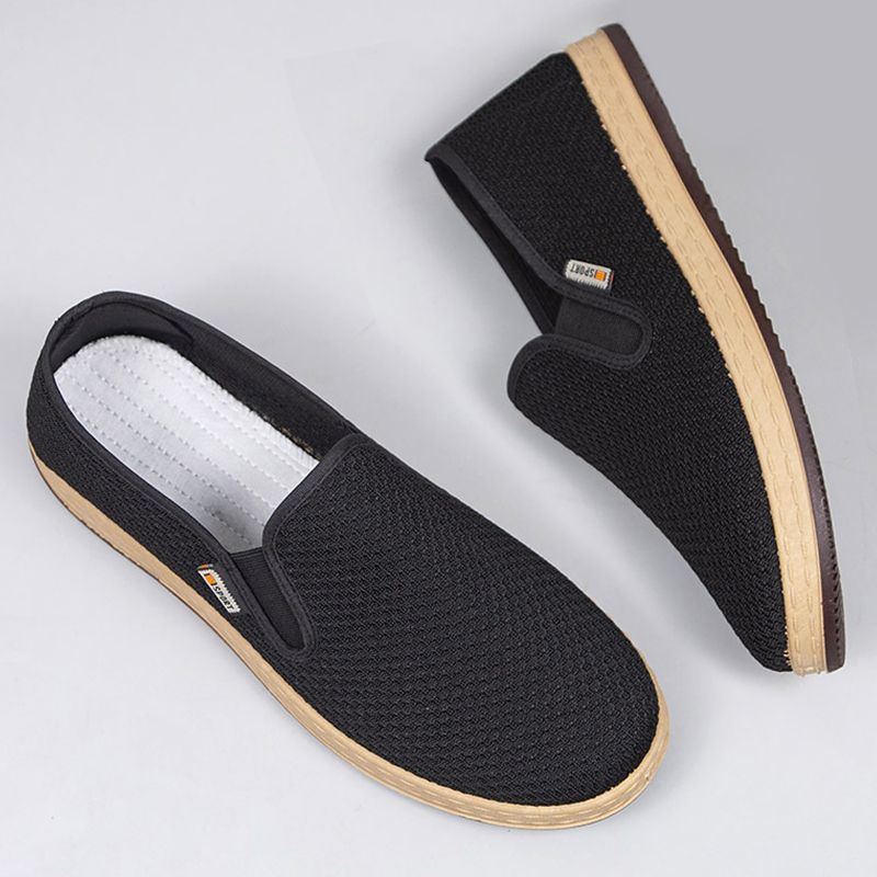 SXCHEN Men's Breathable Slip-On Shoes – Black Mesh Upper, Lightweight Canvas Sole, Perfect For Summer Daily Commute & Casual Wear, All Sizes Available
