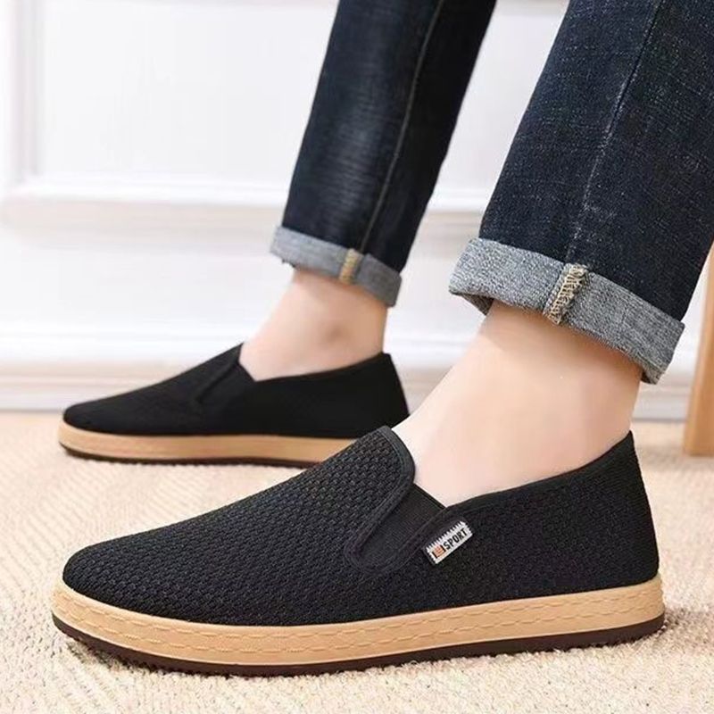 SXCHEN Men's Breathable Slip-On Shoes – Black Mesh Upper, Lightweight Canvas Sole, Perfect For Summer Daily Commute & Casual Wear, All Sizes Available