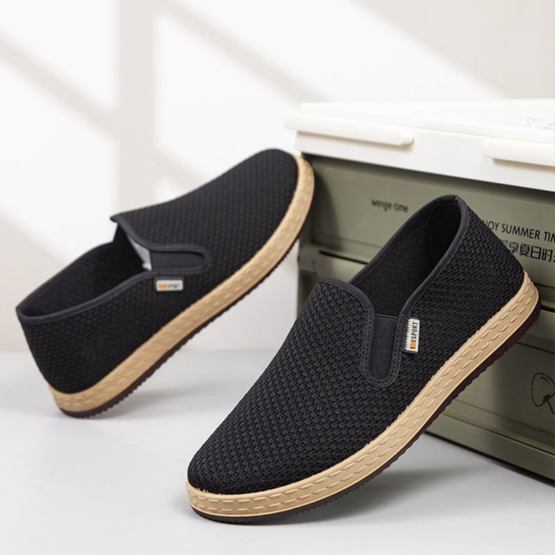 SXCHEN Men's Breathable Slip-On Shoes – Black Mesh Upper, Lightweight Canvas Sole, Perfect For Summer Daily Commute & Casual Wear, All Sizes Available