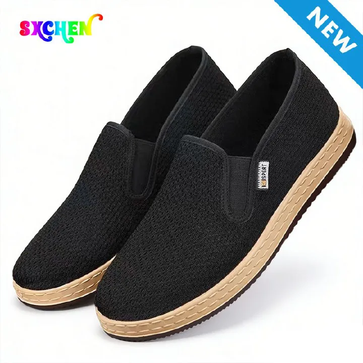 SXCHEN Men's Breathable Slip-On Shoes – Black Mesh Upper, Lightweight Canvas Sole, Perfect For Summer Daily Commute & Casual Wear, All Sizes Available