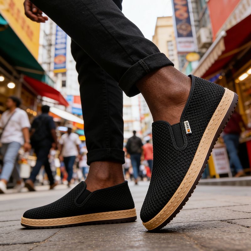 SXCHEN Men's Breathable Slip-On Shoes – Black Mesh Upper, Lightweight Canvas Sole, Perfect For Summer Daily Commute & Casual Wear, All Sizes Available