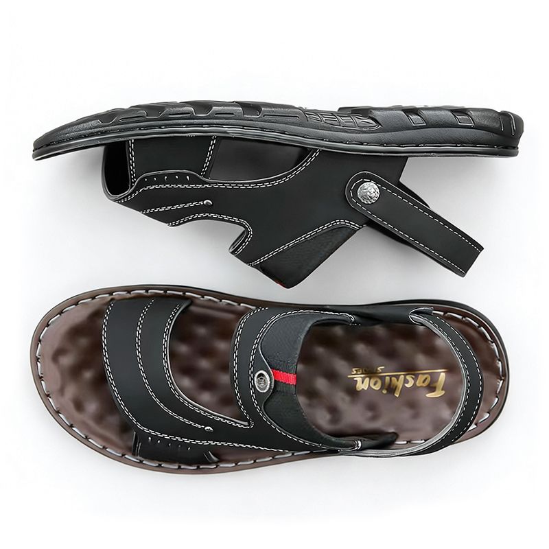 SXCHEN Men's Outdoor Sandal Shoes – Black Faux Leather, Adjustable Ankle Strap, Non-Slip Rubber Sole, Perfect For Beach, Hiking & Summer Casual Wear, All Sizes Available