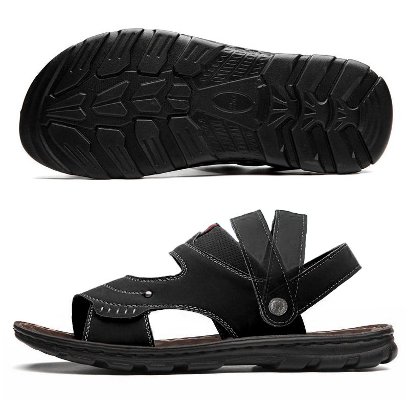 SXCHEN Men's Outdoor Sandal Shoes – Black Faux Leather, Adjustable Ankle Strap, Non-Slip Rubber Sole, Perfect For Beach, Hiking & Summer Casual Wear, All Sizes Available