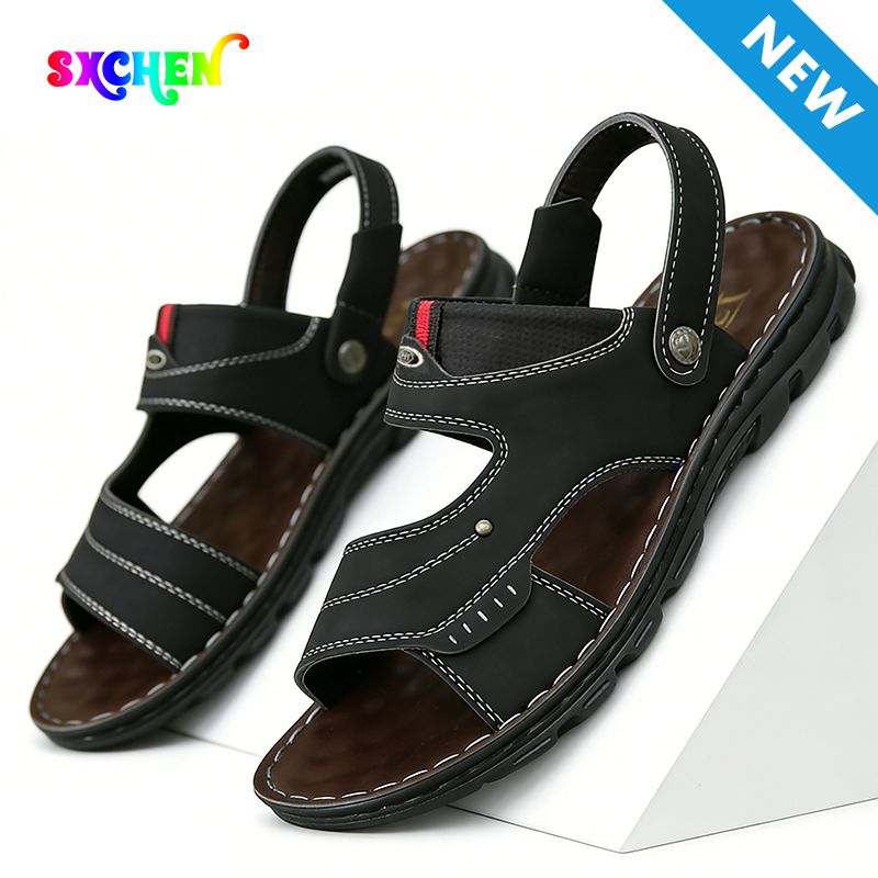 SXCHEN Men's Outdoor Sandal Shoes – Black Faux Leather, Adjustable Ankle Strap, Non-Slip Rubber Sole, Perfect For Beach, Hiking & Summer Casual Wear, All Sizes Available