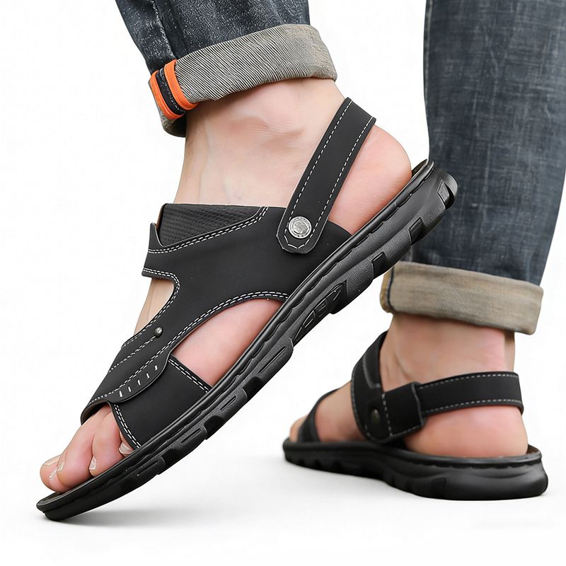 SXCHEN Men's Outdoor Sandal Shoes – Black Faux Leather, Adjustable Ankle Strap, Non-Slip Rubber Sole, Perfect For Beach, Hiking & Summer Casual Wear, All Sizes Available