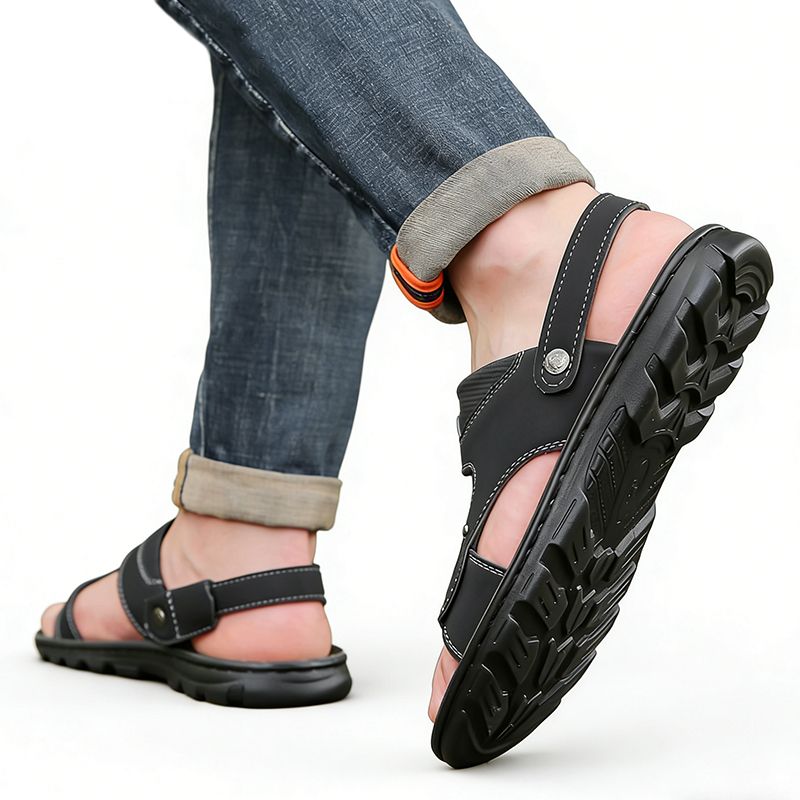 SXCHEN Men's Outdoor Sandal Shoes – Black Faux Leather, Adjustable Ankle Strap, Non-Slip Rubber Sole, Perfect For Beach, Hiking & Summer Casual Wear, All Sizes Available