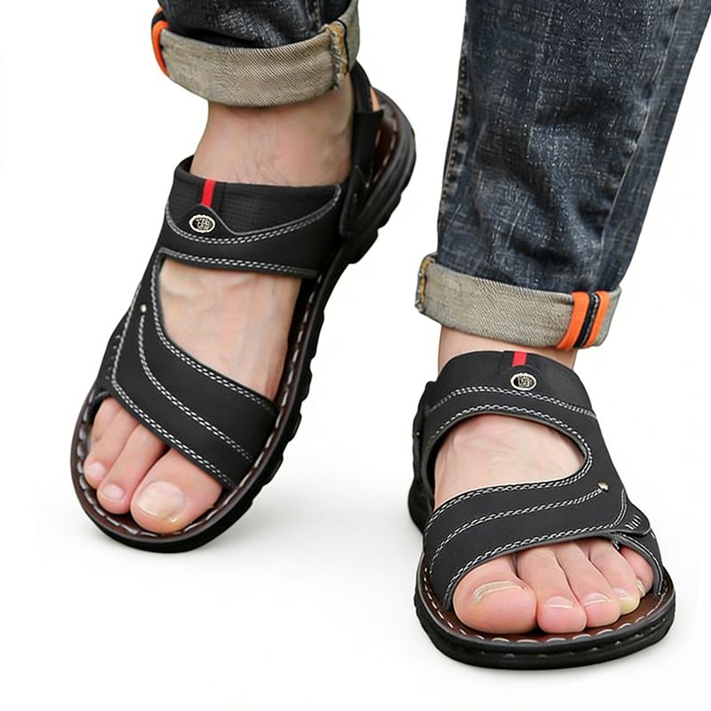 SXCHEN Men's Outdoor Sandal Shoes – Black Faux Leather, Adjustable Ankle Strap, Non-Slip Rubber Sole, Perfect For Beach, Hiking & Summer Casual Wear, All Sizes Available